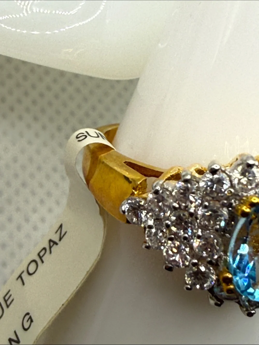 Vintage Blue Topaz Halo Cocktail Ring with Clear Accent CZ Stones plated piece